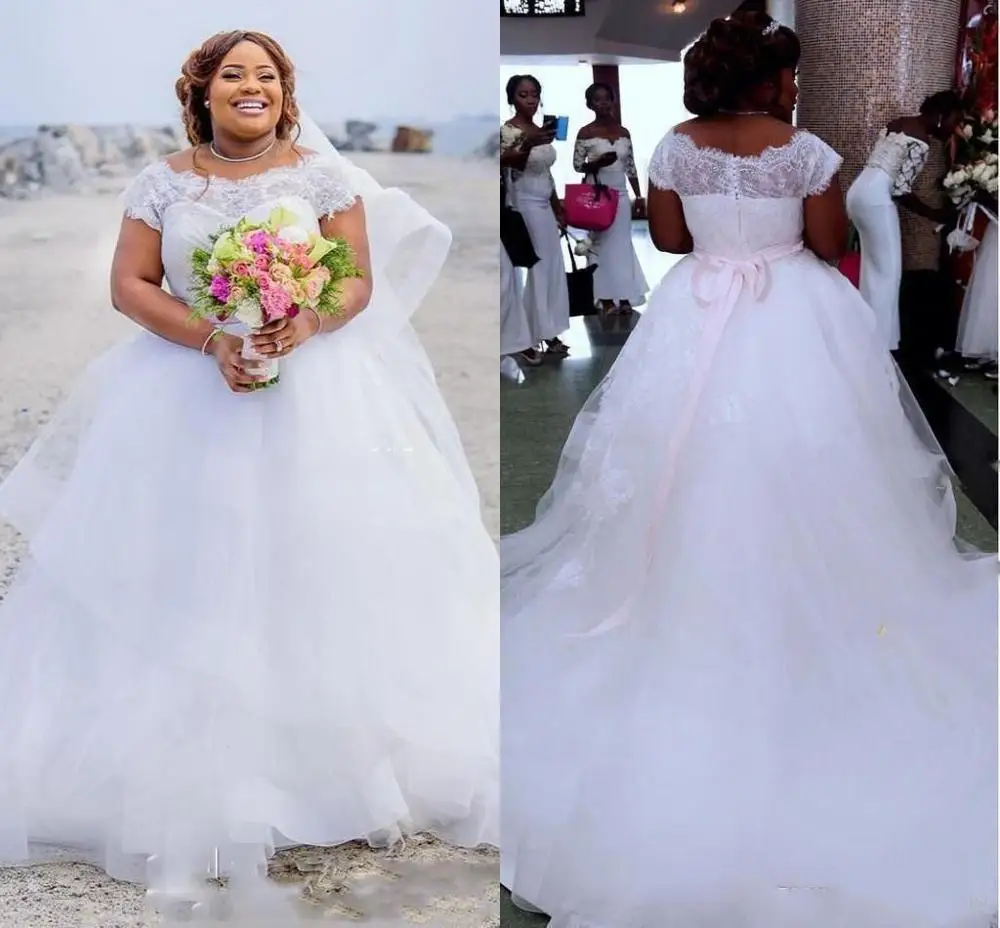 

Tulle Wedding Dress Plus Size Sheer Lace Custom Made Capped Bridal Gown 2023