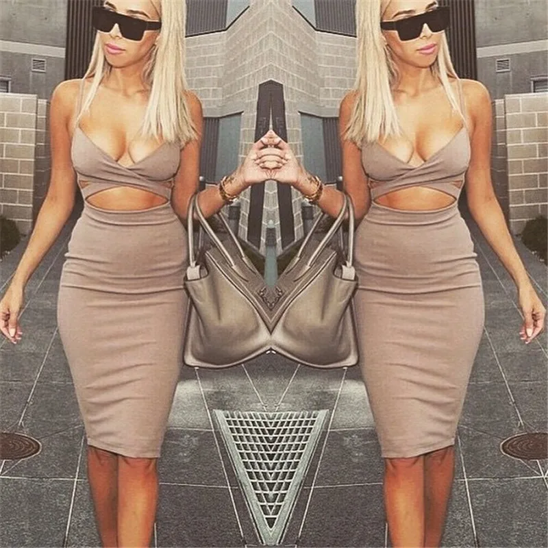 Diwish Bodycon Dress Women 2019 Spaghetti Strap Midi V-Neck Sexy Cut Out White Black Party Dresses Evening Clubwear | Женская одежда