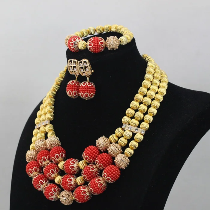 Новая Мода 2017 свадебный набор золотого ожерелья красные шарики из бисера