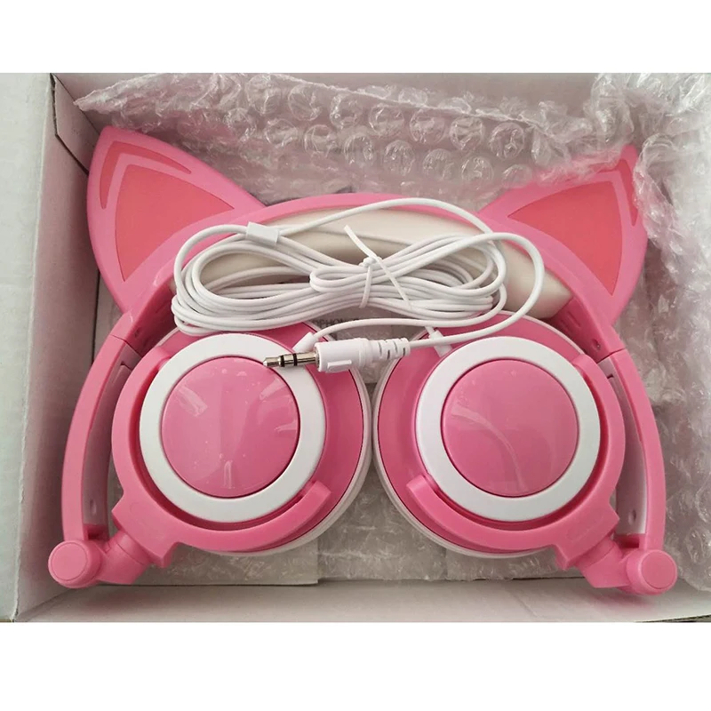 Милые наушники LIMSON с кошачьими ушками проводные складывающиеся мигающие розовые