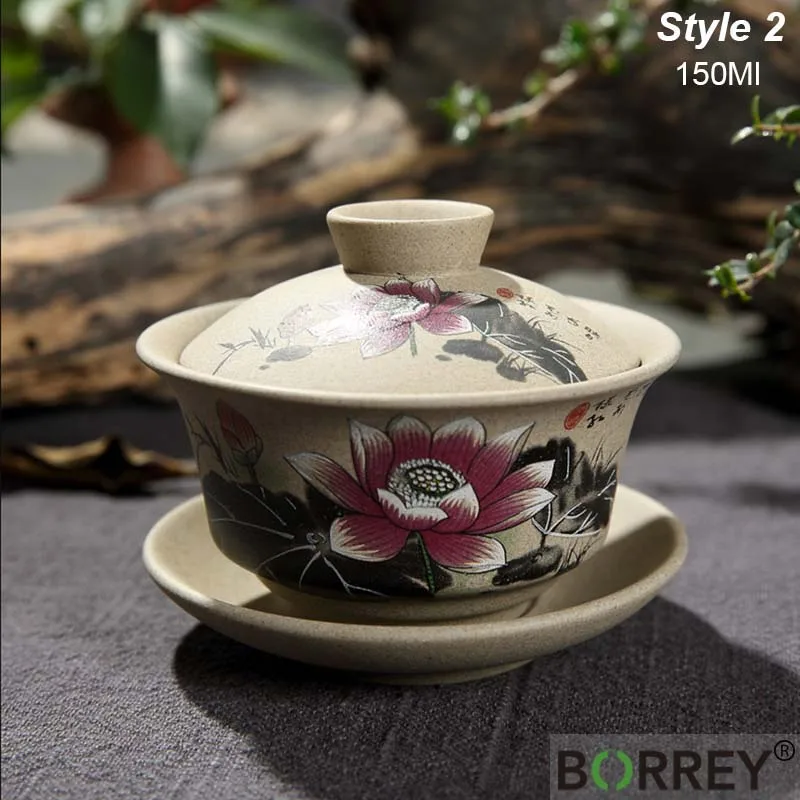 Style2(Lotus) BORREY китайский керамический чайный сервиз Gaiwan ручная роспись керамический гайвань фарфоровые чайные чашки и блюдца чайный набор кунг-фу ретро-чашка - Цвет: Style2(Lotus)