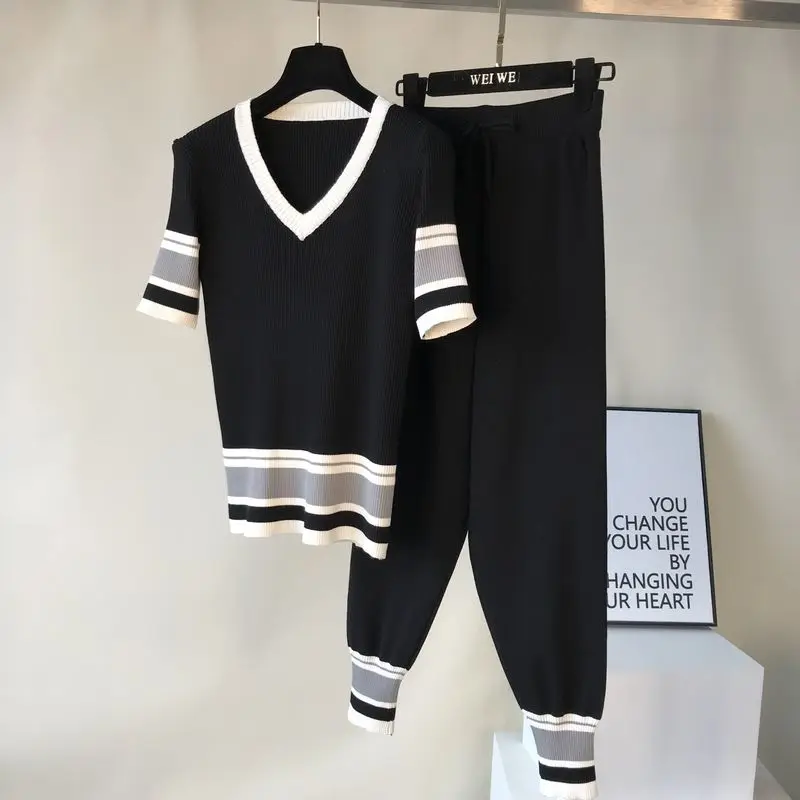 ALPHALMODA 2019 свитер с v образным вырезом и короткими рукавами + эластичные брюки