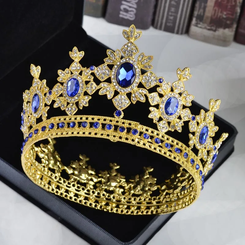 Роскошный Золотой Металл тиара и корона со стразами полный круг королева невесты украшения для волос свадебная диадема свадебные аксессуары для волос - Окраска металла: blue