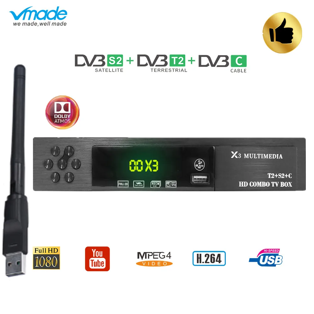 Vmade DVB-T2 S2 C combo спутниковый ТВ приемник Поддержка Cccam Newcamd Mgcamd Powervu ключ тв тюнер с USB Wi-Fi кабель ТВ Декодер