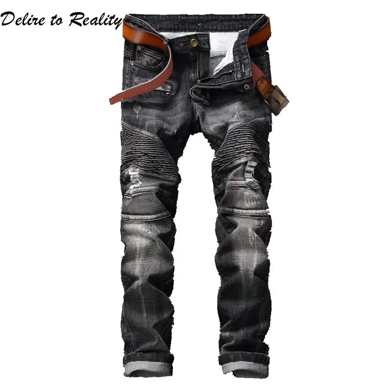 Мужские Джинсы для женщин Проблемные Ripped мотоцикл мото Байкер джинсовая Slim Fit