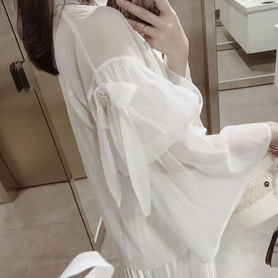 CHICATWILL Summer Designer French style office lady white ruffles Blouses women elegant Flare Sleeves OL Tops |
