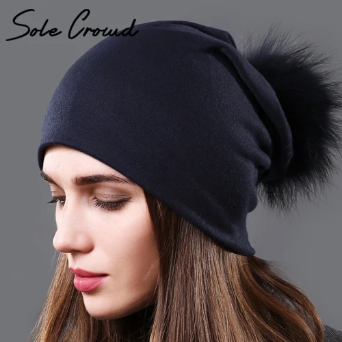 Navy Navy POMPOM Шапки с помпонами из натурального меха енота, осенние шапки skullies beanies, женские модные однотонные кепки, зимняя теплая Женская хлопковая шапка - Цвет: Navy Navy POMPOM