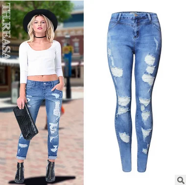 

2018 Plus size skinny jeans woman new personality ripped jeans waist elastic jeans trousers pencil pants