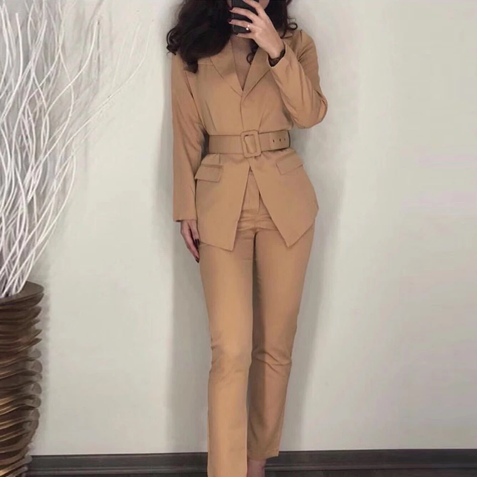 Amily.c 2019 new women's jacket belt V-neck 2 two-piece suit New Temperament fashion slim overalls piece | Женская одежда