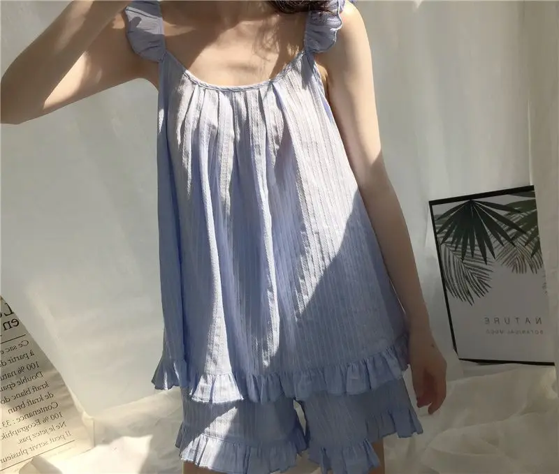 Blue Pajamas Милые однотонные домашние пижамы 3 цветов пижамный комплект для женщин и девочек, шорты с эластичной резинкой на талии хлопковые пижамы для отдыха S85321 - Цвет: Blue Pajamas