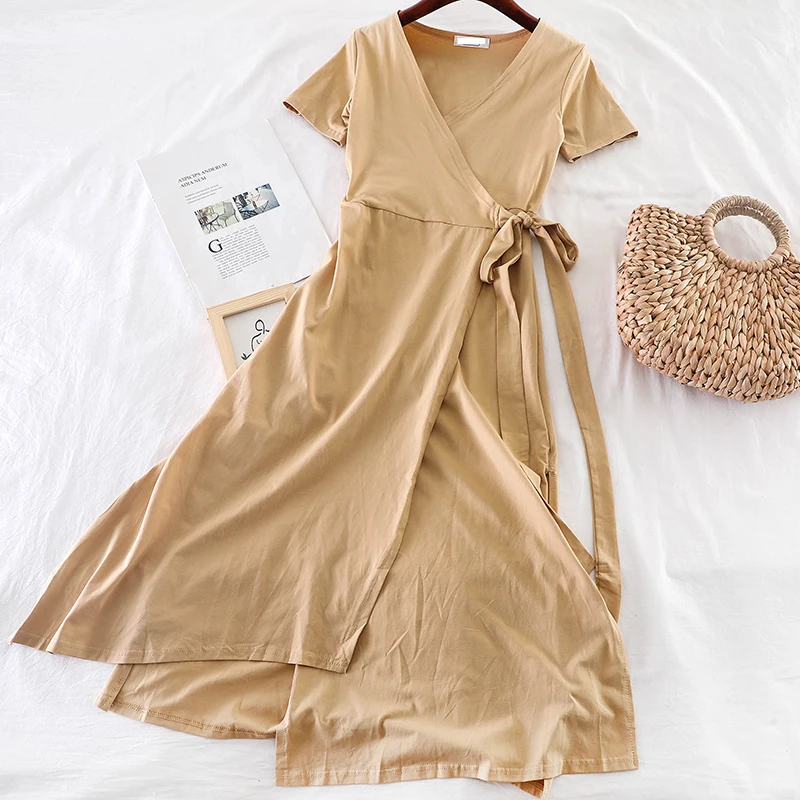 SKOONHEID Women Split Cotton Long Wrap Dress Sexy V Neck Short Sleeves Casual Sundress New Summer Elegant Large Size Solid | Женская