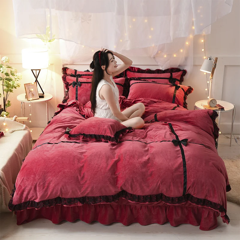

4Pcs Korean lace crystal cashmere Princess style luxury bedding sets queen king size duvet cover set pillowcase bedclothes