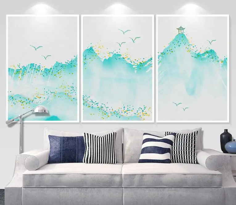 Без рамы 3 шт./компл. картина с водой и чернилами Зеленый Горный павильон древняя