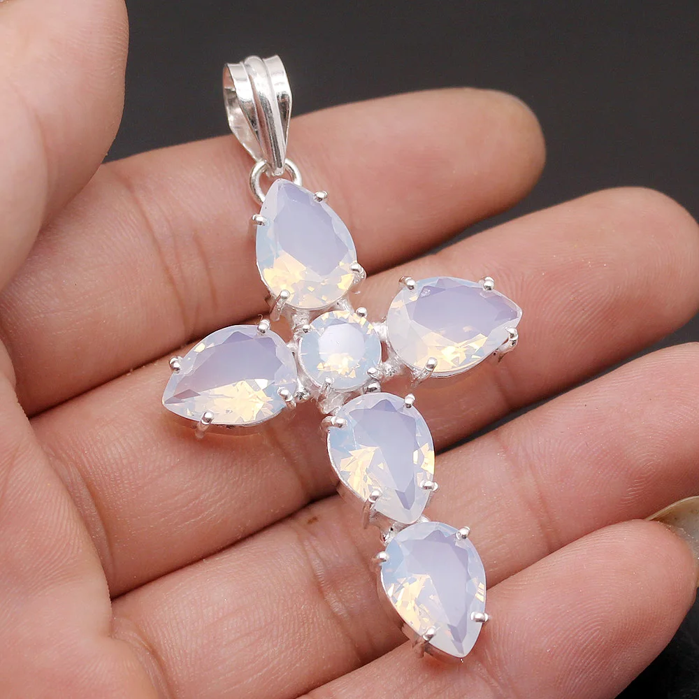 

Beautiful Holy Cross White Opal 925 Sterling Silver Color Glorious Women Pendant Necklace Jewelry 2 5/8 INCH TF231