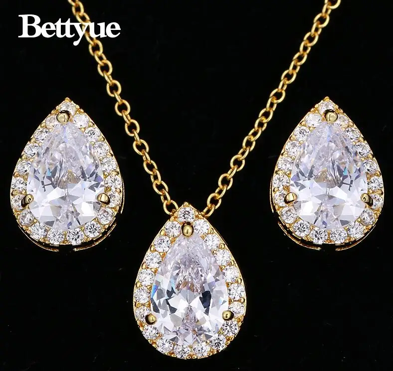 18k gold Bettyue модный бренд Лидер продаж AAA многоцветный Циркон личности капли воды кулон Ювелирные наборы для женщин свадебный кулон подарок - Окраска металла: 18k gold