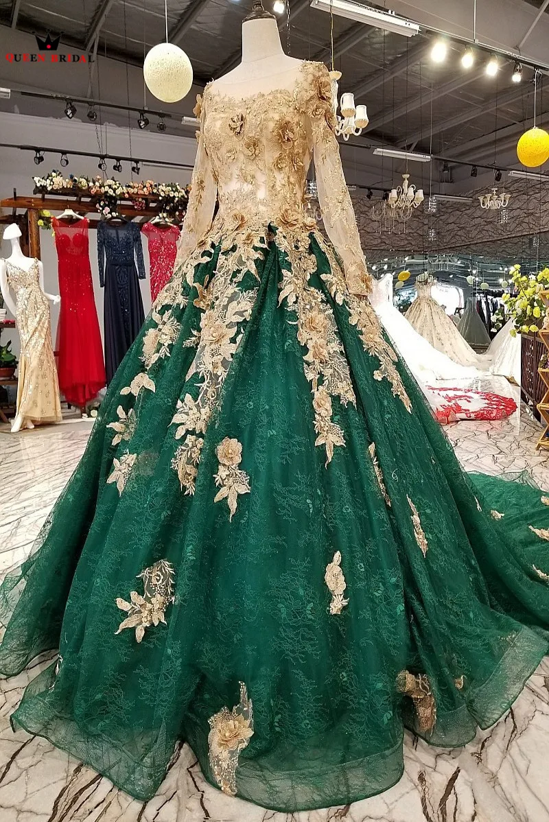 Бальное платье с длинным рукавом Тюлевое зеленое роскошное вечернее цветочным