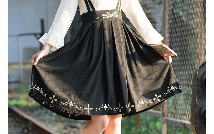 skirt Китайский стиль народная женская плиссированная вышитая подвеска юбка трапециевидной формы миди на бретелях юбки с перекрестным воротником и расклешенными рукавами комплект из 2 предметов - Цвет: skirt