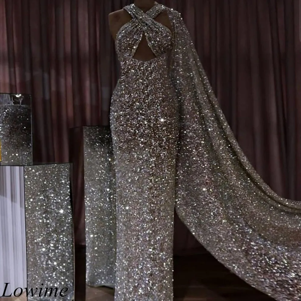 

Luxury Sparkly Silver Dubai Evening Dresses 2019 Long Mermaid Plus Size Criss Cross Arabic Prom Party Gowns With Long Cloak
