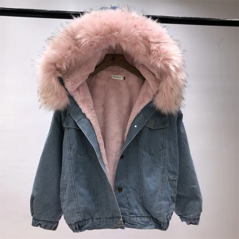Осень зима джинсовая куртка Для женщин меховой воротник с капюшоном из овечьей
