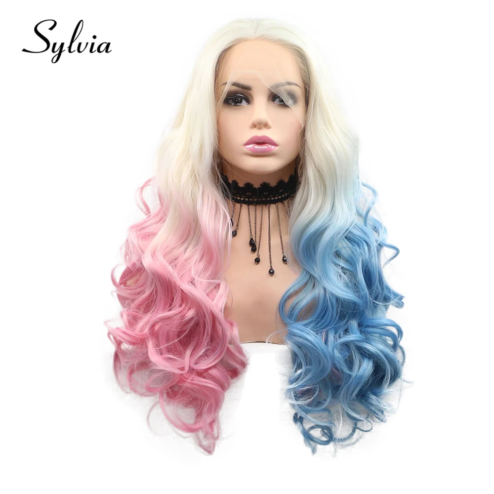 Sylvia Platinum Blonde to Blue/Pink Ombre Body Wave Synthetic Lace Front Wigs Natural Half Blue/pink Heat Resistant Fiber Hair