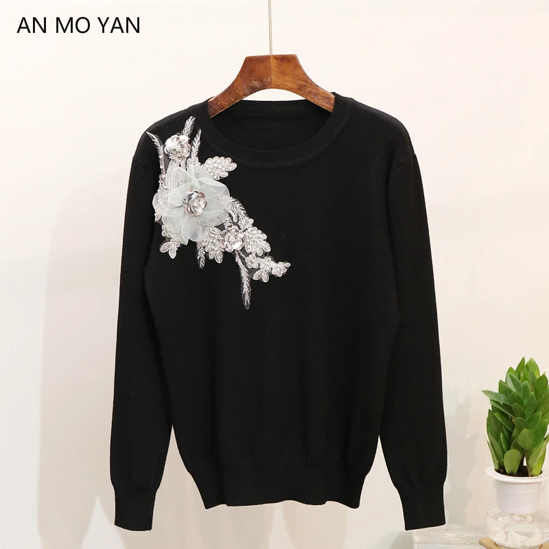 Fashion Beaded 3d Stereo Flower Collage Harajuku Women's Sweater Sweet Style Long-sleeved Stretch Loose Pullover Sweaters Women | Женская