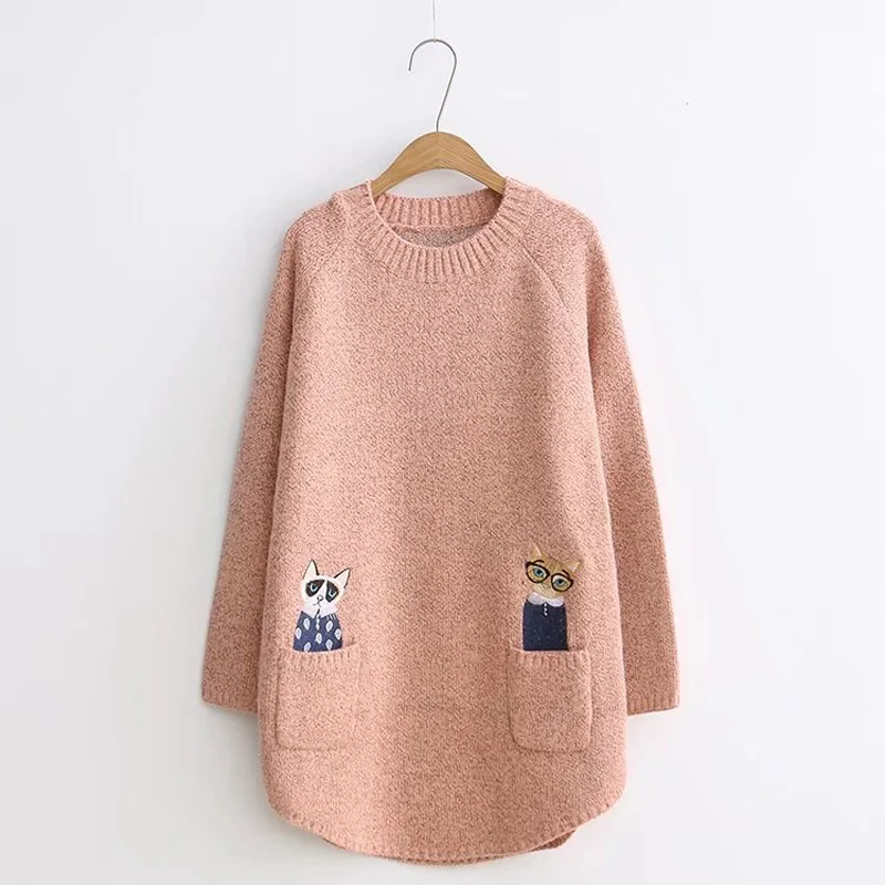 Sweater Women Winter 2019 Two Pockets Cat Pattern Embroidery And Pullovers Long Sleeve Knitted Sweaters Female | Женская одежда