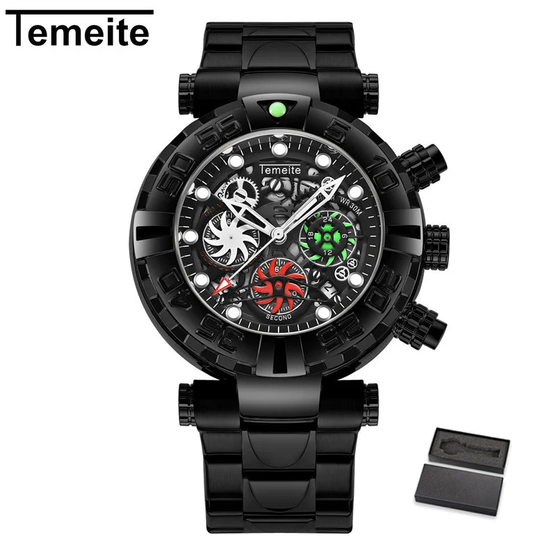 Temeite 1 with box Temeite часы мужские деловые повседневные золотые креативные полые Кварцевые часы водонепроницаемые военные наручные часы Мужские часы с хронографом - Цвет: Temeite 1 with box