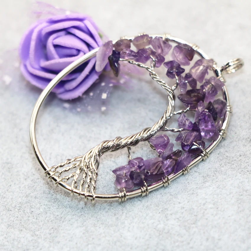 Silver-цвет ручной работы фиолетовый кристалл гравий Овальный изысканный кулон 37*54