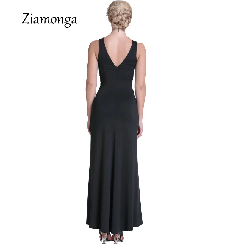 Женское сексуальное черное платье макси с разрезом длинное без рукавов круглым