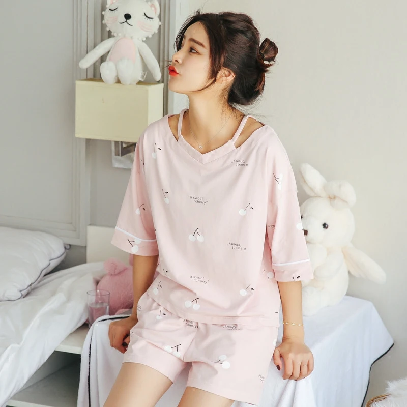 2018 летние хлопковые Пижамные комплекты с принтом фламинго Женские топы круглым