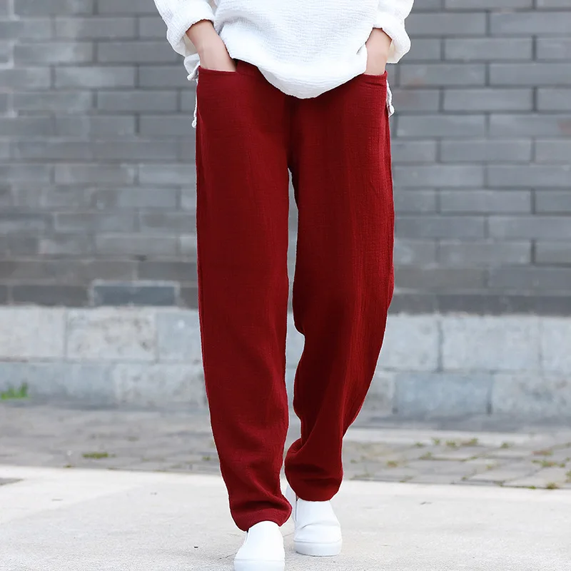 Женские хлопковые льняные шаровары с эластичной резинкой на талии однотонные