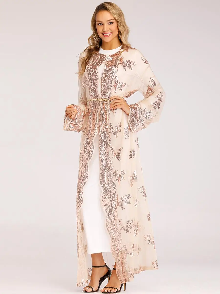 Роскошное кимоно с блестками для женщин abaya Дубай молитва открытый передний кафтан мусульманский с длинным рукавом Кардиган Платье Рамадан халат арабское