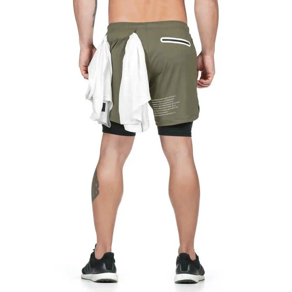 Army green Мужские шорты для спортзала, двойные однотонные шорты, бег трусцой, спортивные брюки для фитнеса, тренировочные быстросохнущие шорты-боксеры - Цвет: Army green