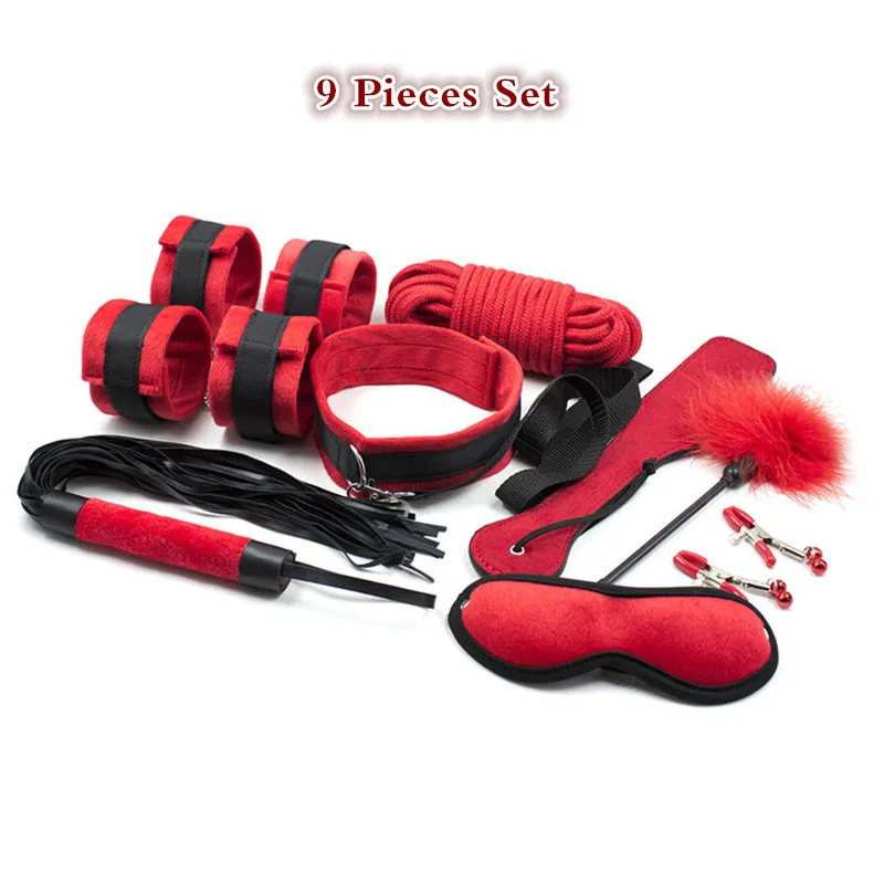 SM Sex Bondage Kit 9 Pcs Adult Games Set Handcuff Footcuff Whip Rope Blindfold for Couples Erotic Toys Products |