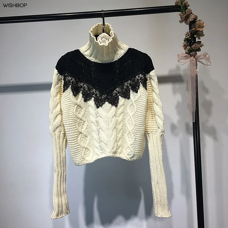 Вязаный Бежевый свитер вязаный косами новейший дизайн 2017 с высоким воротом