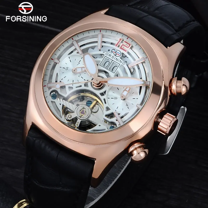 Forsining выпуклые стеклянные стильные Tourbillion 3D Дизайнерские мужские часы с ремешком