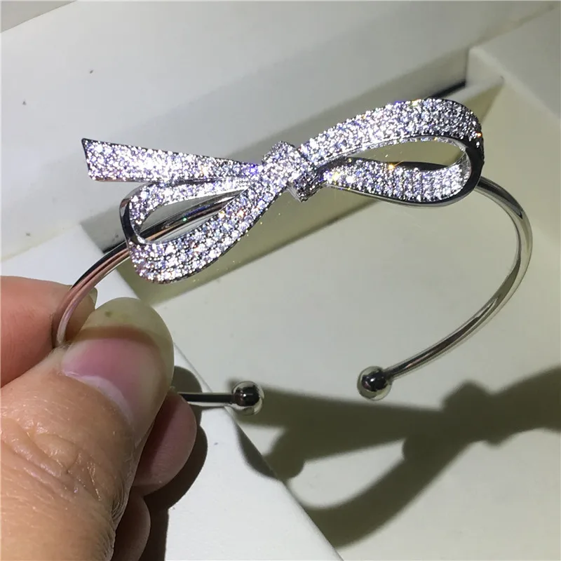 Модный женский браслет с бантиком манжета 5А кубический цирконий белое золото