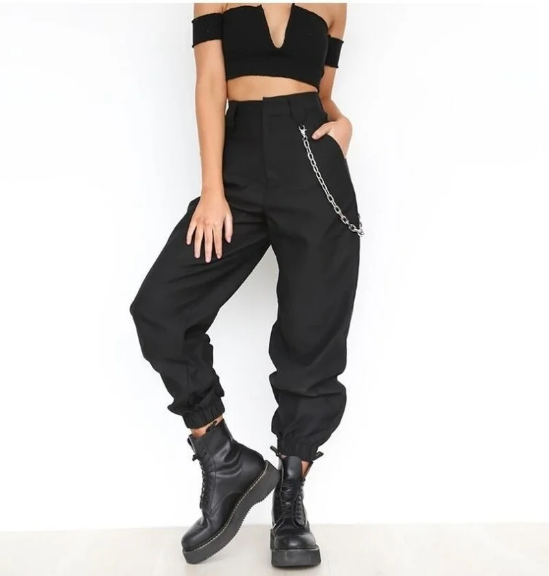 Women Hip Hop Cargo Pants Casual Wide Leg High Waist Solid Loose Army Trousers Female Chain Streetwear 2019 HOT | Женская одежда