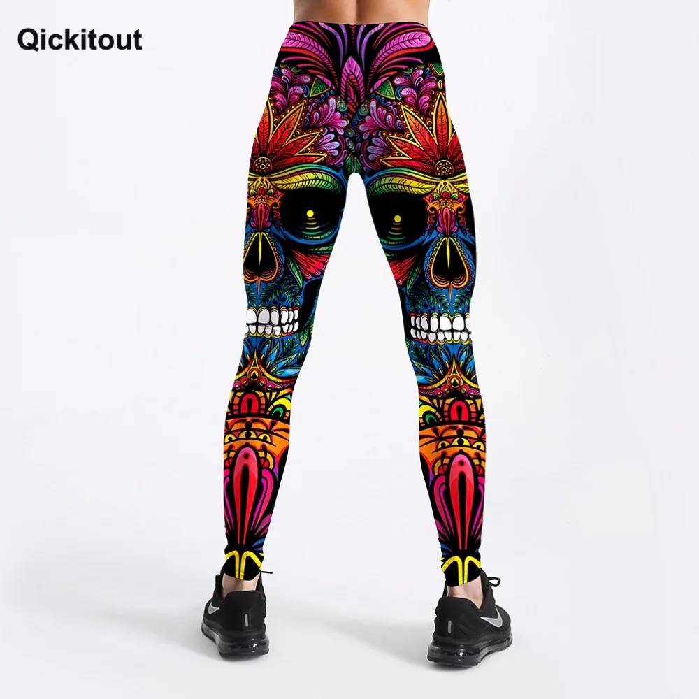 Qickitout, Летние Стильные женские леггинсы, цветные, с принтом черепа и листьев, леггинсы, тонкие, для тренировок, леггинсы, панк, для девушек, брюки, Прямая поставка