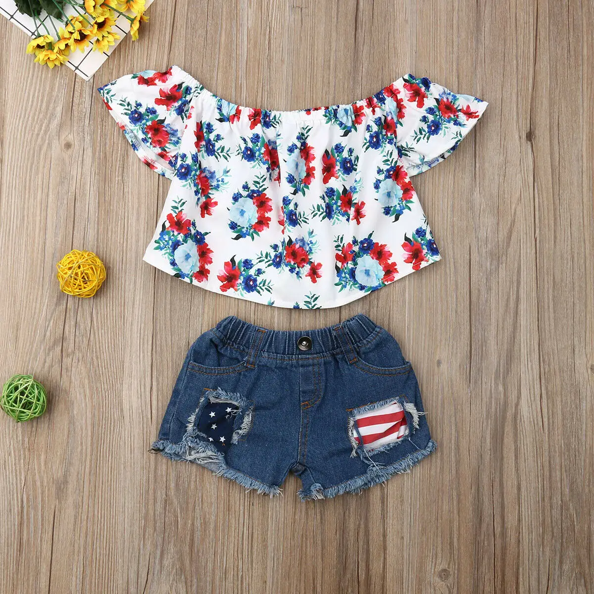 Футболка с цветочным принтом и джинсовые шорты для девочек 2-6 лет | Мать ребенок