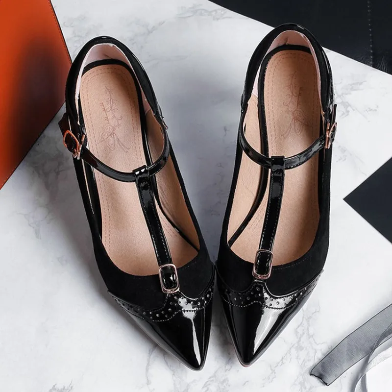 

Size 34-48 Sexy Fashion High Heels Shoes Women Pumps Ankle T Strap buckle Patchwork Elegant Wedding Shoes Stiletto zapatos mujer