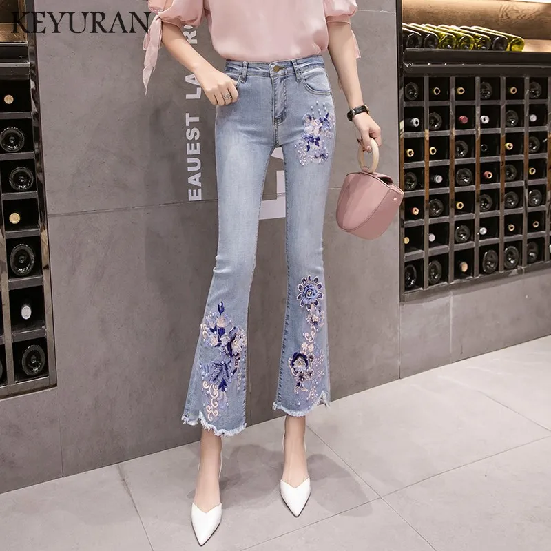 Женские повседневные джинсы эластичные хлопковые брюки с вышивкой Украшенные