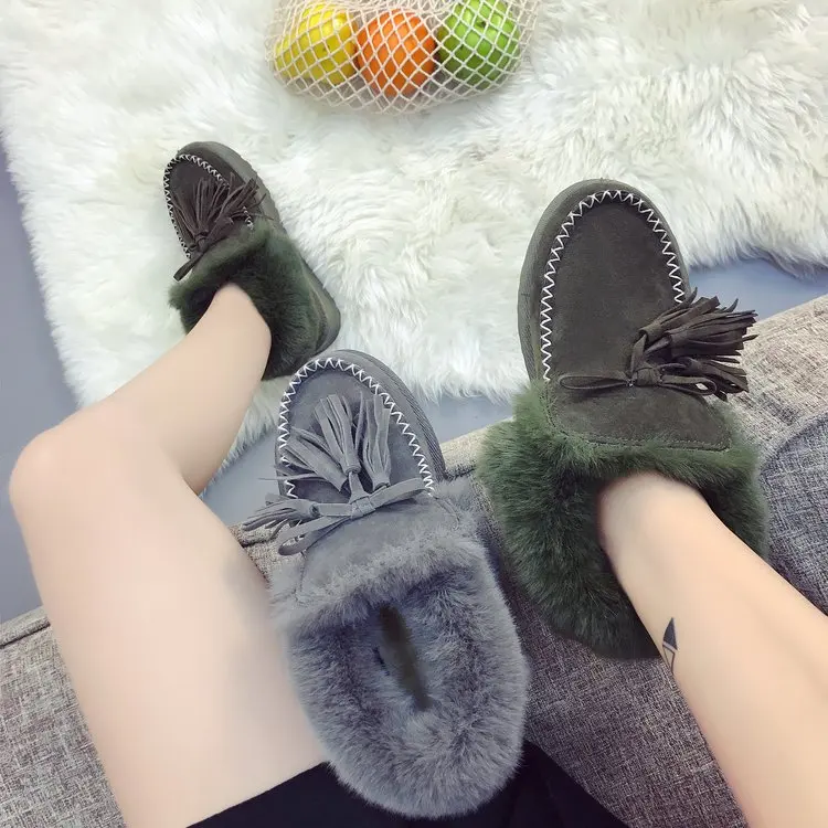 Модные меховые лоферы с закругленным носком для женщин теплые из флока