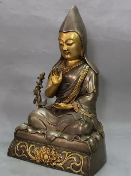 

S02452 11"Marked Chinese Purple Bronze 24K Gold Pure Silver Je Tsongkhapa Buddha Statue