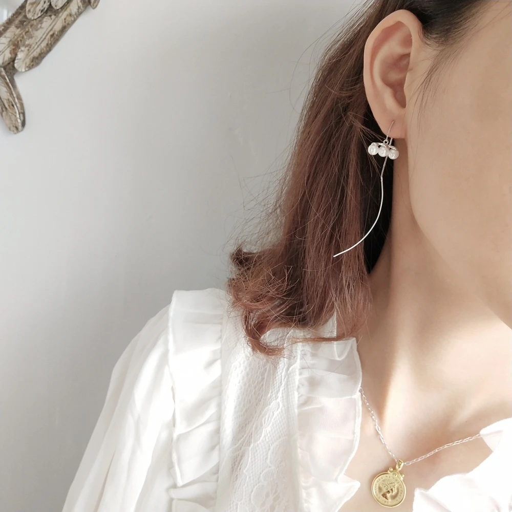 Korean Design Ladies Shell Pearl Adjustable Long Line Drop Earring in 925 Sterling Silver With Sticks Slide Earrings For Party | Украшения