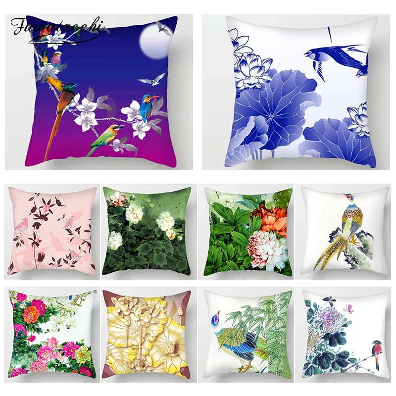Чехол на подушку с цветочным принтом Fuwatacchi изображением цветов и птиц аксессуары