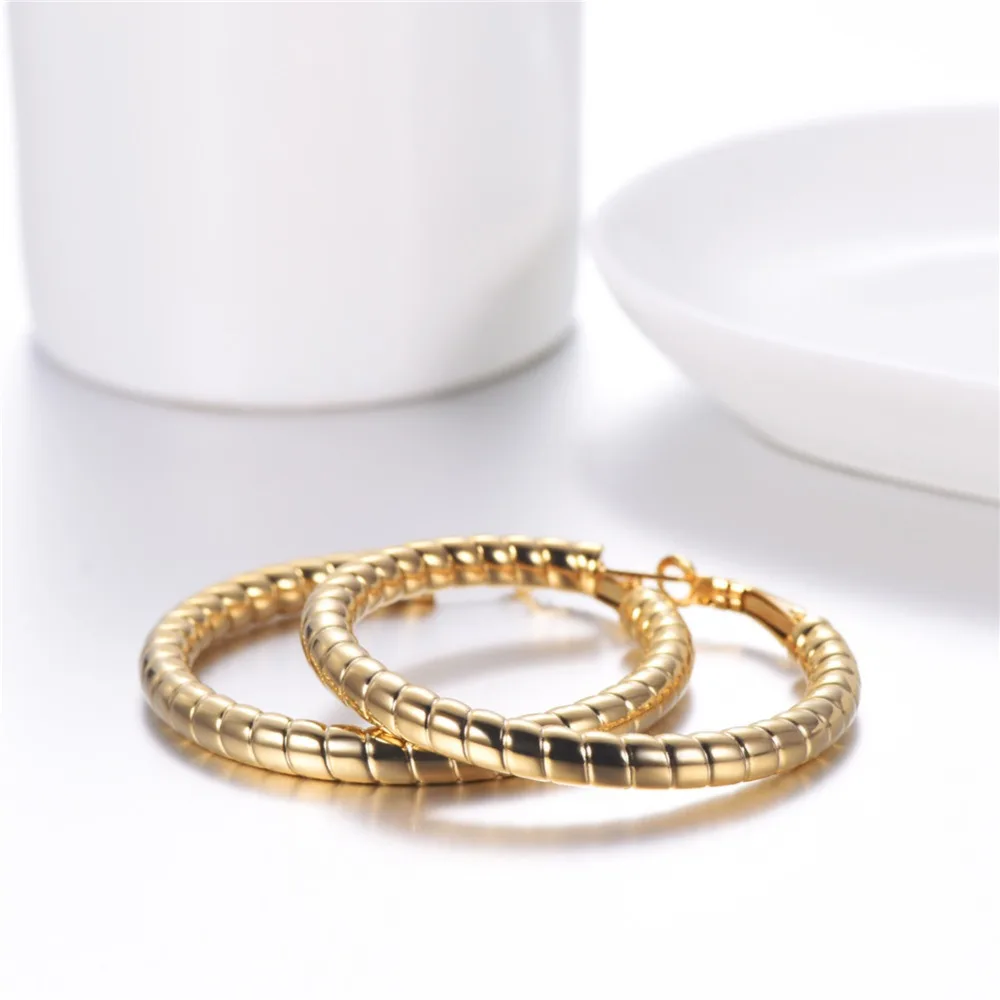 U7 Simple Earrings Round Circle 25mm / 40mm Three Color Trendy Design New Hoop Female Earring Jewelry Party Gift For Women E1014