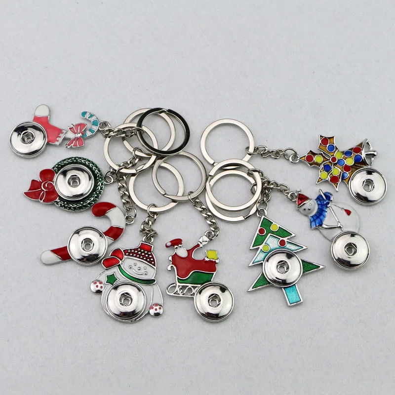 

Wholesale 40pcs/lot Mix 10styles Nice enamel Christmas Key chains keyring 18mm Metal ginger snap button charm pendant key rings