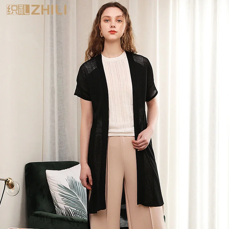

ZHILI Women's Short Sleeve Open Front Drape Long Cardigan with Side Slits