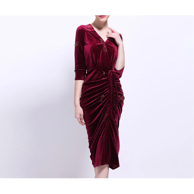 2017 Весна Лето Dress Вечер Dark Blue Velvet для Женщин Старинные Сексуальная Высокая Сплит